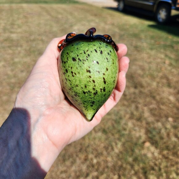 Hand-Blown Glass Acorn-Shaped Ornament Paperweight Green & Brown Speckled Finish - Picture 2 of 8